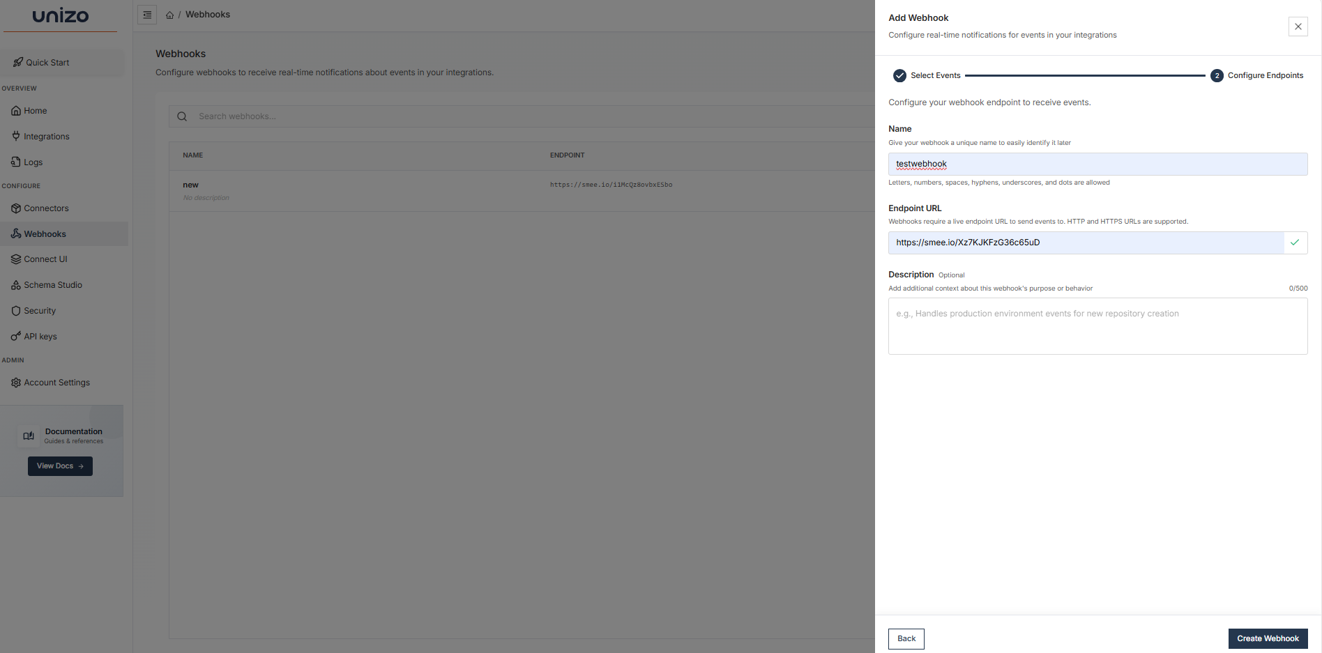 Unizo Setup Integrations page showing webhooks