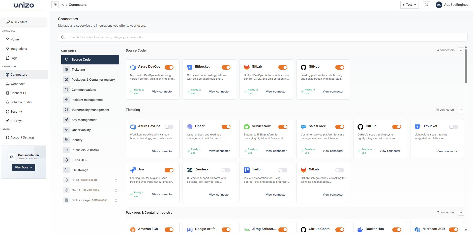 Unizo Setup Integrations page showing connector categories